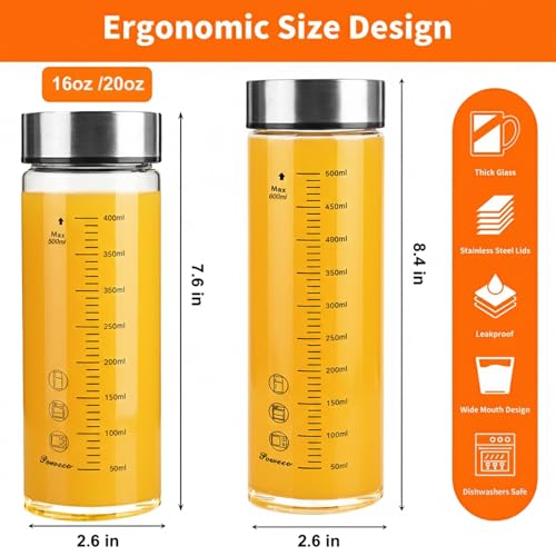 Glass Juice Bottles 6 Pack 20 oz - Wide Mouth Glass Water Bottles with Lids - for Juicing, Protein, Smoothie, Milk, Reusable, BPA Free, Stainless Steel Lids, Blender, Shaker Bottle (600ml) - color: 6-Pack (ml), size: 20oz/600ml