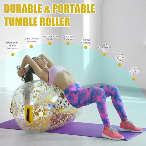 Gemscream Gymnastics Barrel Inflatable Air Roller Mat 40" x 24" Glitter Tumbling Air Barrel Gymnastic Cylinder Tumble Equipment for Back Handspring Trainer Cheerleading Yoga Home Use - color: Glitter Gold