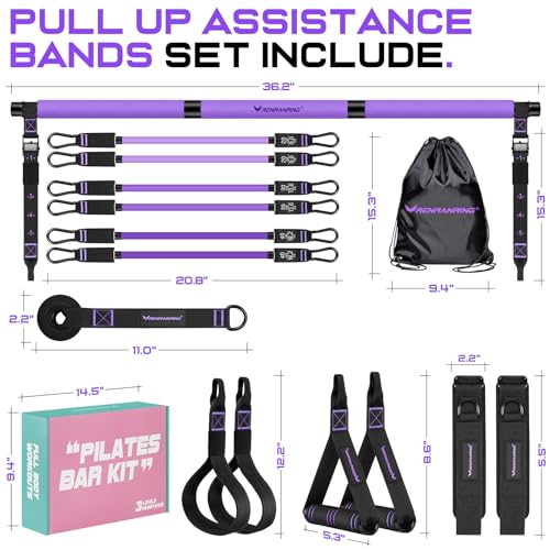 Pilates Bar Kit with 6 Latex Resistance Bands, Adjustable Exercise Bar - color: Purple
