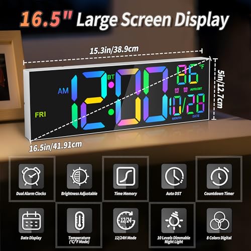 16.5" Digital Wall Clock with Bluetooth Auto-Sync, Large LED Display, Smart Auto Dimming, DST, Remote Control, Night Light, Date & Temperature for Living Room, Gym, Office, White - color: White-multicolor