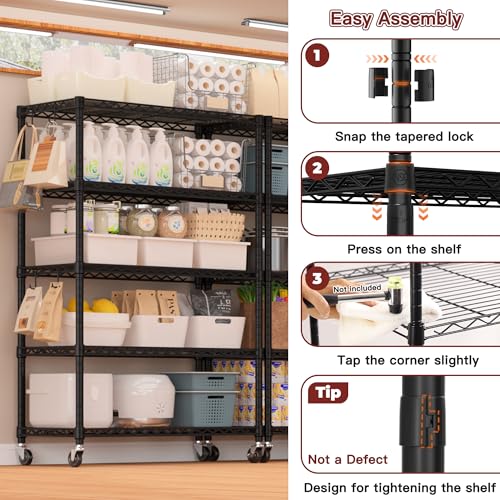 PrimeZone 36" W x 16" D x 79" H Wire Storage Shelves with Wheels, 5 Tier NSF Certified Heavy Duty Adjustable Kitchen Shelving Unit, Bakers Rack Organizer Rolling Metal Shelf for Garage Closet Pantry - size: 36"W x 16"D x 79"H