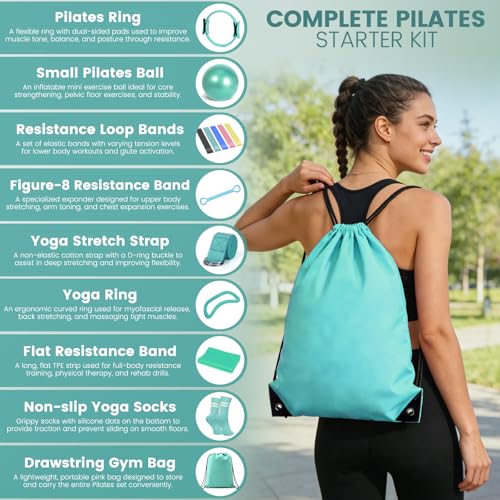 Pilates Kit for Women 13PCS, Pilates Ring Ball Resistance Bands Workout Set | Pilates equipment set for women and beginners, at home pilates kit for mat workouts, toning, stretching and strength training - color: Teal