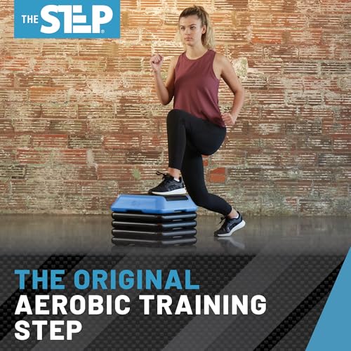 The Step Adjustable High Step Aerobic Platform with 4 Risers, Home Gym Workout Equipment, Fitness Exercise Equipment Made in the USA - color: Blue