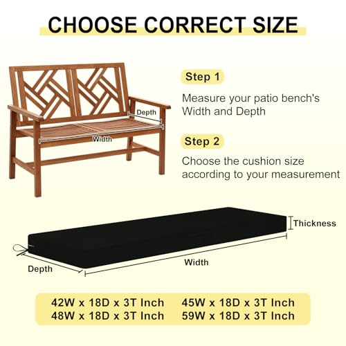 downluxe Outdoor Bench Cushion Waterproof, 42 x 18 Inch Patio Furniture Cushions with Adjustable Ties & Portable Handle, Porch Swing Cushions, Bench Cushions for Outdoor Furniture, Black - color: Black, size: 42x18x3 Inch