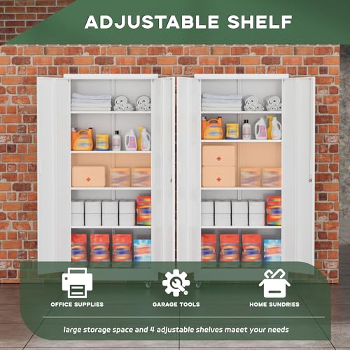 Greenvelly Metal Garage Storage Cabinet with 4 Swivel Wheels, 73" White Storage Cabinet on Wheels, Rolling Tool Cabinet with Locking Doors and Shelves for Garage, Basement, Home, Warehouse - color: White, size: 73 Inch