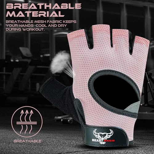 BEAST RAGE Fingerless Weight Lifting Gloves with Palm Protection Padding, Breathable Lightweight Gym Gloves for Men, Women, Weightlifting, Cycling, Exercise, Training Pull Up - color: Pink, size: X-Large