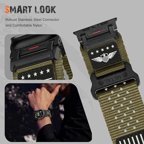 Rugged Nylon Band for Apple Watch Ultra 3/2/1 Series 11 10 9 8 7 6 5 4 SE/3/2/1 for Men,Breathable Stars-Stripes Flag Wristband Workout Athletic Strap for iWatch Ultra Bands 49mm 46mm 45mm 44mm 42mm - color: 02-Green-Metal adapter, size: 49/46/45/44/42MM(