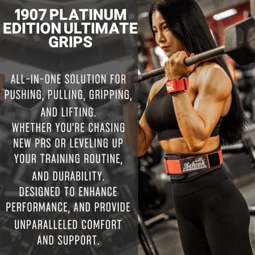 Schiek Sports Model 1907 Platinum Edition Ultimate Grips - 3 in 1 Weight Lifting Straps Wrist Wraps and Grip Pads - color: Red, size: XL