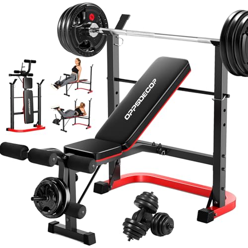 OPPSDECOR 6 in 1 Weight Bench Set with Leg Extension and Leg Curl, 660 LBS Adjustable Bench Press Set with Preacher Curl Pad, Foldable Workout Bench for Home Gym, Strength Training for Teens/Adults - color: Maroon