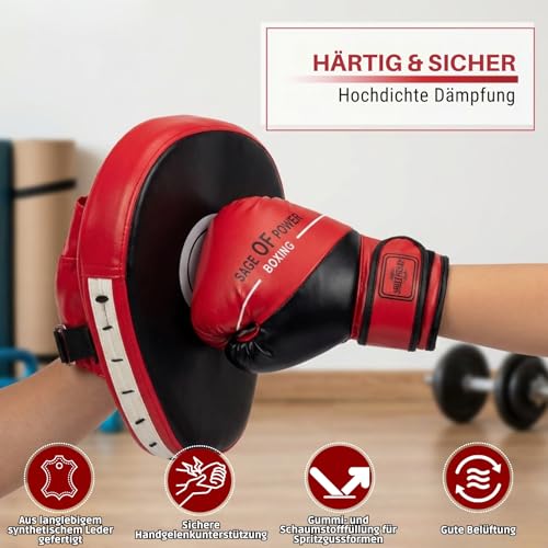3-in-1 Boxing Gloves and Punching Mitts Set for Kids, Boxing Mitts Focus Pads with Hand Wraps for Kid, Youth Leather Punching Equipment Gloves Set for MMA, Karate, Muay Thai, Taekwondo - color: Red