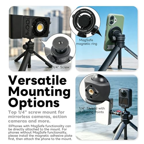 POP-4 Self-Opening Tabletop Tripod & Selfie Stick for Smartphones, Cameras & Pocket Gimbals, Magnetic Phone Mount Ready, Tap-to-Open Mini Tripod with 360° Ball Head, Dual 1/4" Threads, Portable