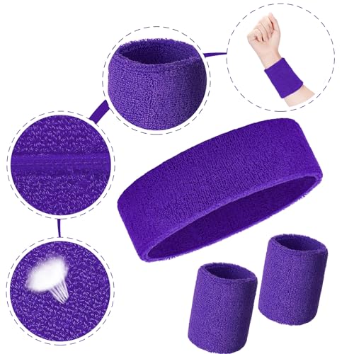 Bememo 6 Pcs Neon Sports Sweatbands Set Sports Competitions Sweatbands 2 Headband 4 Wristbands Breathable Terry Cloth Athletic Bands for Team Soccer Spirit 80s Costumes Cosplay - color: Purple