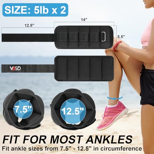 VBSD Adjustable Ankle Weights for Men Women, 2 4 6 8 10 lbs 1 Pair Leg Weight Straps, Weighted Ankle Weight Set with Removable Sandbags for Walking Running Yoga Physical Therapy Gym Home Workout - color: Black, size: 5LBx2