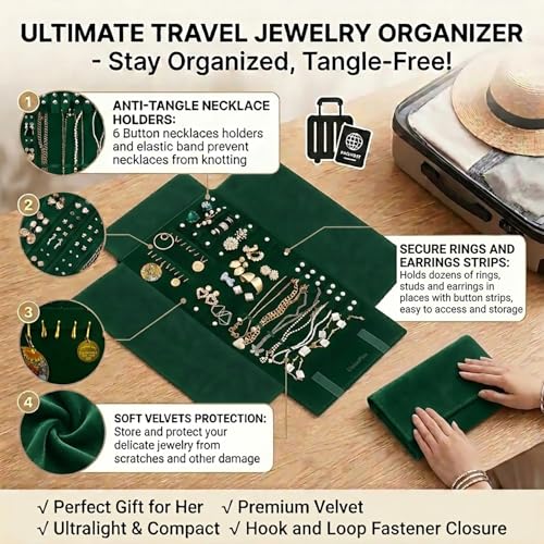 UnionPlus Velvet Travel Jewelry Case Roll Bag for Necklaces Brackets, Great Jewelry Organizer for Travel, Multi Jewelry Organizer, Blackish Green - color: Blackish Green Multi, size: Medium