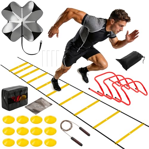 Agility Ladder Speed Training Equipment Set, 4 Adjustable Hurdles | 20 ft Ladder, 12 Cones, Jump Rope, Resistance Parachute, Soccer, Basketball, Football Practice Equipment for Youth, Adults - color: Yellow, size: 17.17"*5.71"*13.31"