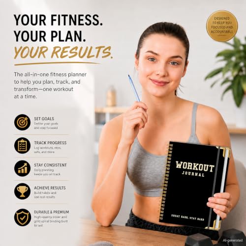 Workout Journal Fitness Tracker Planner for Men & Women, Exercise Log Book to Track Gym & Home Training, Goals, Sets, Reps & Progress, 142 Pages, A5 5.7" x 8.2" Portable Hardcover with Metal Corners, Black - color: Black
