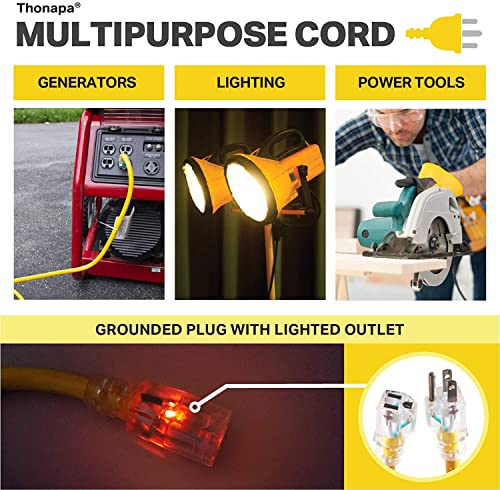Thonapa 12 Gauge Extension Cord 6 Ft Outdoor - 12/3 Heavy Duty, Lighted End | SJTW Yellow Cable, 3 Prong, Grounded Plug, For Job Sites, Garden & Major Appliances - color: Yellow, size: 6 Foot