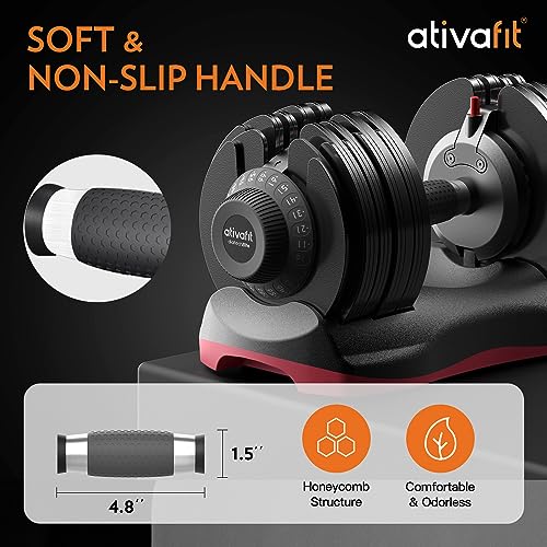 ATIVAFIT Adjustable Dumbbells Set, 5–88LB Quick Adjust Free Weights with Double Safety Lock & Anti-Slip Steel Handle, Space Saving Home Gym Equipment for Full Body Strength Training - color: 66LBS-Red, size: Pair