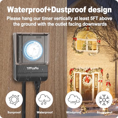 TiFFCOFiO Outdoor Timer Outlet Waterproof, 24 Hour Mechanical Light Timer Outdoor, 2 Grounded Outlets for Home and Garden, 15A 1/2HP, Heavy Duty, ETL Listed (15 Min Interval)