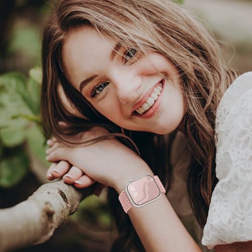 4 Pack Braided Stretchy Bands Compatible with Apple Watch 40mm 41mm 38mm 42mm 44mm 45mm 46mm 49mm Women Men, Breathable Nylon Elastic Daily Use Straps for iWatch Series 11/10 9 8 7 6 5 4 3 SE/Ultra 2 - color: Black/Purple/Cactus/PinkSand, size: 42mm(serie