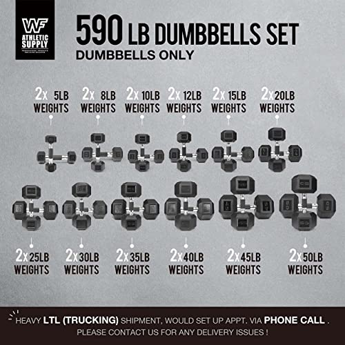 WF Athletic Supply Rubber Encased Hex Dumbbells with Rubber Grip Contoured Handle for Muscle Toning, Strength Building & Full Body Workout - color: y. 590LB Dumbbell Set