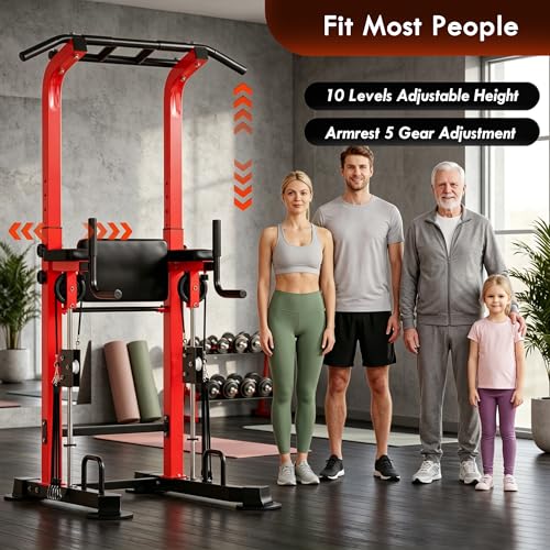 SogesPower Power Tower Dip Station Pull Up Bar for Home Gym Multi-Function Adjustable Height Strength Training Workout Equipment - color: Red