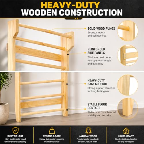 Swedish Ladder Wall Mounted Pull Up Bar - Hardwood Stall Bars - Swedish Wall Ladder & Wooden Pull Up Bar, Swedish Ladder Wall Gym Adult - Natural