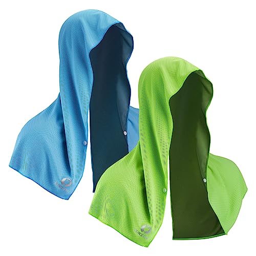 Sukeen Cooling Hoodie Towel, Absorbent Quick-Drying Cooling Towels for Neck and Face, UV Sun Protection Cooling Neck Wraps Sport Head Cooling Towel Hot Weather - color: Blue/Green