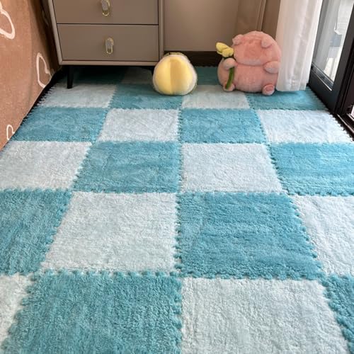 12Pcs Plush Foam Floor Mat,Plush Interlocking Carpet Tiles,Anti-Slip Square Puzzle Floor Mat,EVA Foam Area Rugs for Bedroom Playroom (Light Blue + Dark Blue) - color: Light Blue + Dark Blue