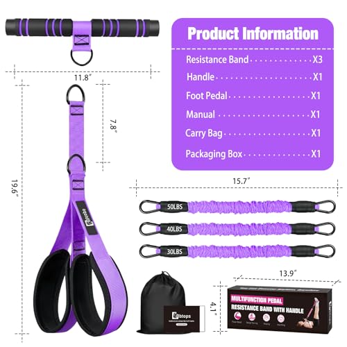 Bbtops Pedal Resistance Band with Handle for Women Men, Purple | 30-120LBS Adjustable, 3-Tube Foot Resistance Bands, Core Abs Legs Arms Training, Portable Sit Up Exercise Equipment