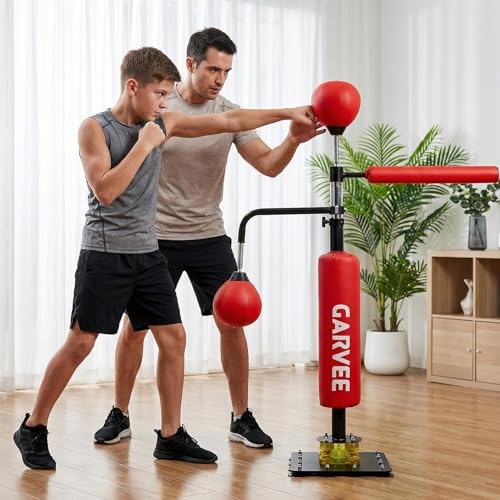 3-in-1 Adjustable Height Boxing Punching Bag Stand, with Speed Ball & Rotating Bar, Suction Base, for Home Gym Training, Red