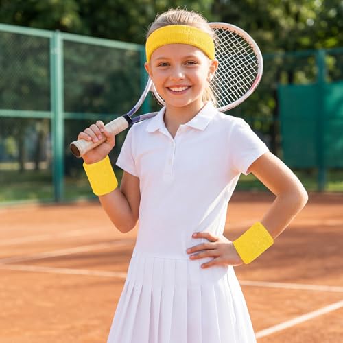 Sucrain 3 Pieces Sweatbands Set, 1 Pieces Sports Headband and 2 Pieces Wristbands,Wicking Sweat Head Band for Youth Womens Men - color: Yellow