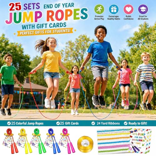 25 Set Jump Ropes for End of Year Student Gifts – 7.7ft Rainbow Adjustable Skipping Ropes Bulk with Cards for Teachers, Students, School Parties & Outdoor Activities - color: Colorful
