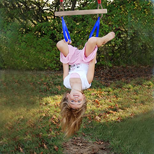 PELLOR Playground Children's Wooden Trapeze Swing Bar with Plastic Gym Rings Swing Set for Indoor & Outdoor Fun - color: Blue
