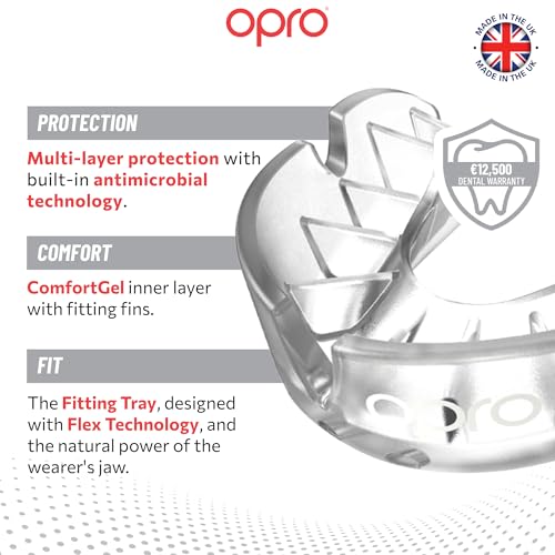 OPRO Silver Level Moldable Mouth Guard Essential Fit (Clear) Adult & Kids Boxing Mouthguard for MMA & Impact Sports, Easy Self-Fit Mouth Guard for Sports, Football & Hockey - Includes Case - color: Clear/Clear, size: Adult (Age 10+)