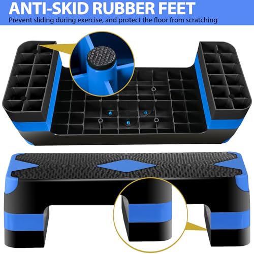 27'' Aerobics Stepper Workout Step Platform with 4 Risers 4"-6"-8" Height Adjustable, Non-Slip Fitness Exercise Workout Trainer for Cardio, Core, Strength Training,Home Gym - color: Blue