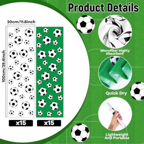 30Pcs Soccer Cooling Towels for Neck and Face 40 x 12 Inch Soccer Sports Team Gift Workout Ice Towels for Gym Sweat Microfiber Breathable Chilly Bulk Neck Wraps for Athletes Camping Travel Yoga - style: Soccer