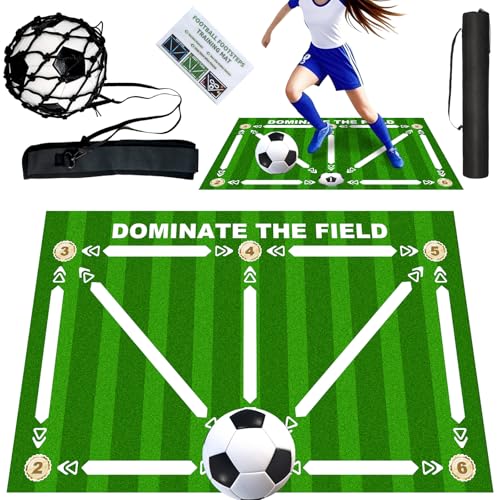 Football Footstep Training Mat, Soccer Training Mat 35 * 24IN, Soccer Skills Training Equipment with Storage Bag and Soccer Return Trainer Net - color: Green-White