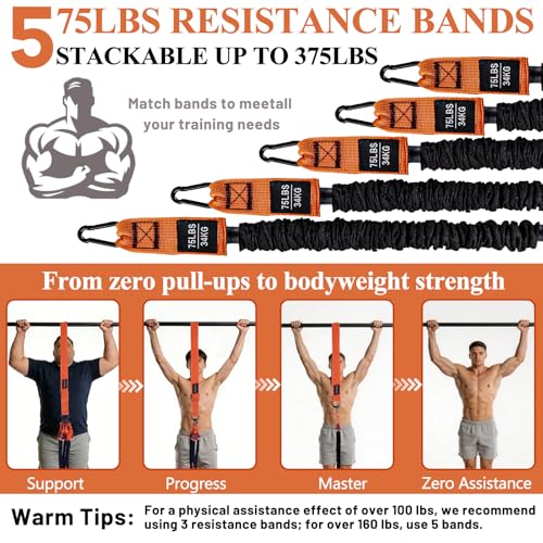 CHERAINTI Pull Up Assistance Bands, 375lbs Heavy Duty Pullup Assist Band Set with 5 Resistance Bands, Adjustable Strap, Comfortable Foot/Knee Rest, Handles & Door Anchor for Home Gym Strength Training