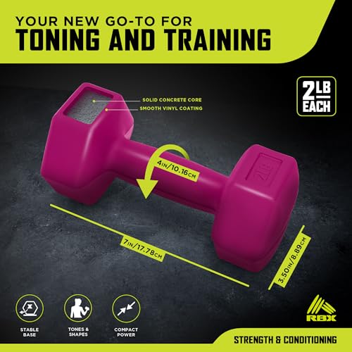 RBX Vinyl Coated Hand Weight Dumbbell Set - Hex Shaped, Roll Free for Body Building/Sculpting/Strength Training Exercise, (Set of 2) - color: Raspberry, size: 2lb