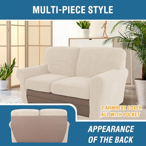 H.VERSAILTEX Multi-Pieces Sofa Covers Stretch Couch Covers Form Fitted Seats and Back Cushions Covers (2 Seat Covers Plus 2 Back Cusion Covers, Bonus 2 Armrest Covers), Cream - color: Cream, size: 2 SEAT COVERS + 2 BACK COVERS+ 2 ARMREST COVERS