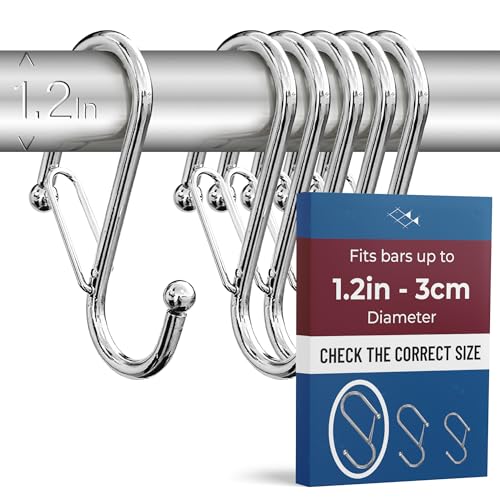 6-Pack Metal S Hooks for Hanging – Heavy-Duty S-Shaped Hook with Safety Buckle – Fits Bars up to 1.2 in – Anti-Drop S-Hooks for Closet, Wardrobes & Storage – Silver (Large) - color: Silver, size: Large - 1.2In Diameter