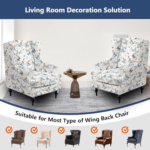 NILUOH Wingback Chair Slipcover 2 Pieces, Stretch Spandex Wingback Chair Covers Washable Slipcover for Wingback Armchairs Non-Slip Furniture Protector with Elastic Bottom for Living Room - color: Butterfly