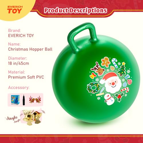 Hopper Ball for Kids 18In Sit On Bouncy Balls with Handle for Indoor Outdoor Active Play, Green Christmas Inflatable Boys Girls Gifts for 4 5 6 7 8 Years Old with Christmas Reindeer Ears - color: Green Christmas, size: Age:4-8(18''/45cm)