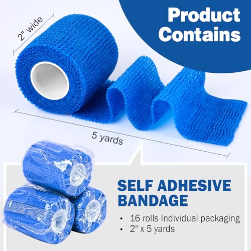 AZEN 16 Pack Self Adhesive Bandage Wrap Pink, 2" X 5 Yards Elastic Cohesive Bandage Wrap, Athletic Tape, Vet Wrap, Ankle Tape, Tattoo Grip Tape Wrap (Blue) - color: Blue, size: 2 Inch