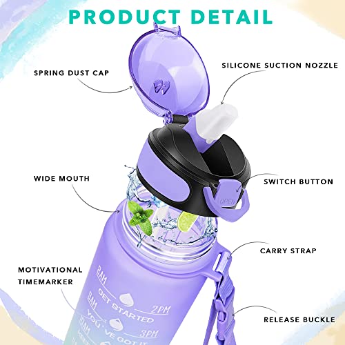 Enerbone 32 oz Drinking Water Bottle with Times to Drink and Straw, Motivational with Carrying Strap, Leakproof BPA & Toxic Free, Ensure You Drink Enough Water for Fitness Gym Outdoor - color: Light Purple Green