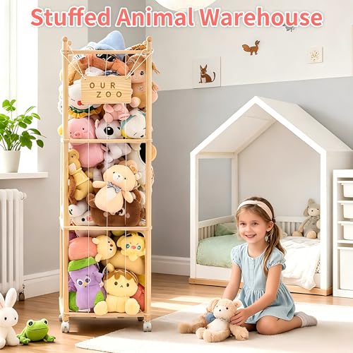 Stuffed Animal Storage & Organizer with Wheels, Wooden Stuffed Animal Zoo Storage with Elastic Band & Net, Space Save Toy Organizers, Plush Toy Holder for Kids Bedroom, Playroom and Nursery (Natural)