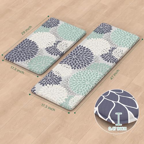 Anti Fatigue Kitchen Mat 2PCS,Boho Dahlia Floral Kitchen Rugs Non Slip Rubber Backing,Waterproof Farmhouse Kitchen Mat for Floor,Cushioned Standing Mat for Office,Laundry,Sink,Desk,Multi Cyan - color: Bluish Blue, size: 17.3" x 47 "+ 17.3" x 29 "--0.47 in