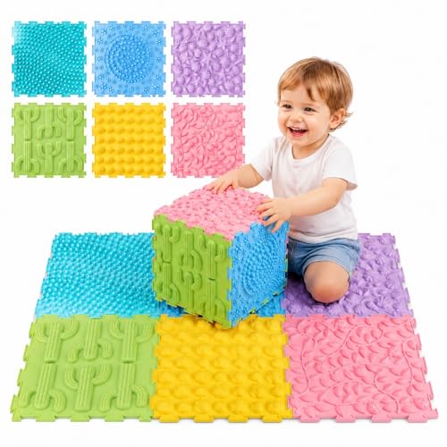 Edusense TPU Sensory Floor Tiles - Textured Puzzle Play Mat for Autistic Kids, Non-Slip Massage Game Mats for Sensory Indoor & Outdoor Use|6 Textures Interlocking Tiles for Sensory Therapy - color: Macaron