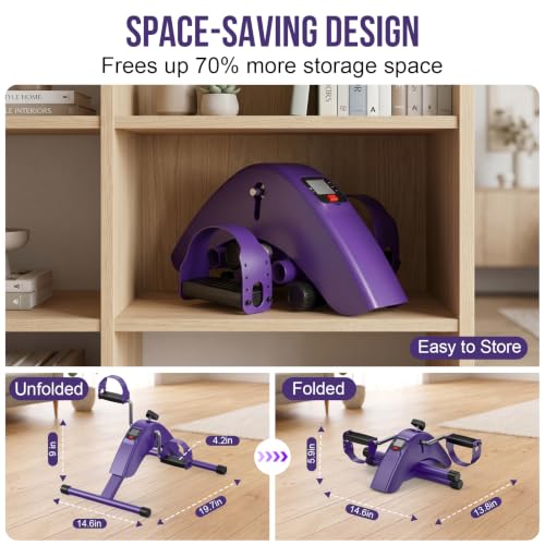 Under Desk Bike Pedal Exerciser for Leg & Arm | Foldable Mini Exercise Bike with LCD Display for Home & Office - color: PURPLE